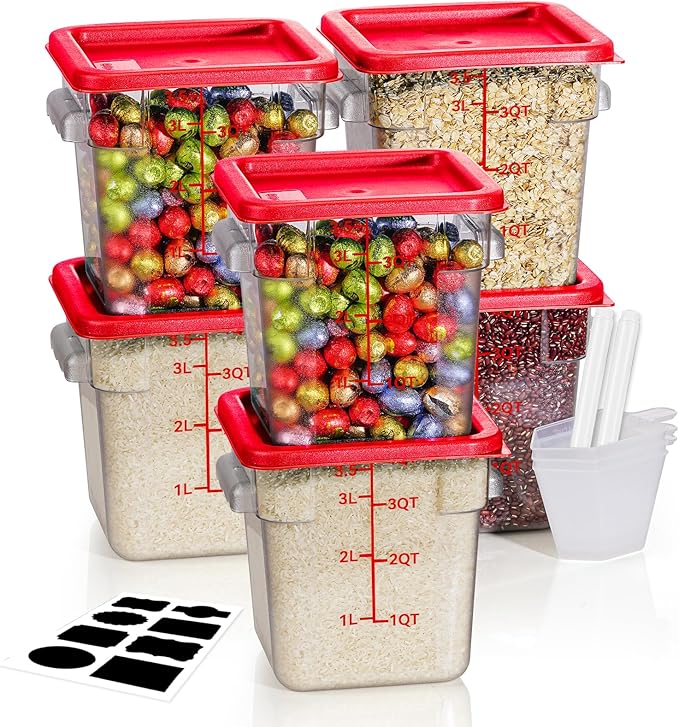 4QT NSF Food Storage Containers: 8 PCS [Food Grade][Hot&Cold Resistant] Commercial Clear Food Storage Containers with Lids for Restaurant Kitchen Proof Dough, Measuring Spoons Included(Red)