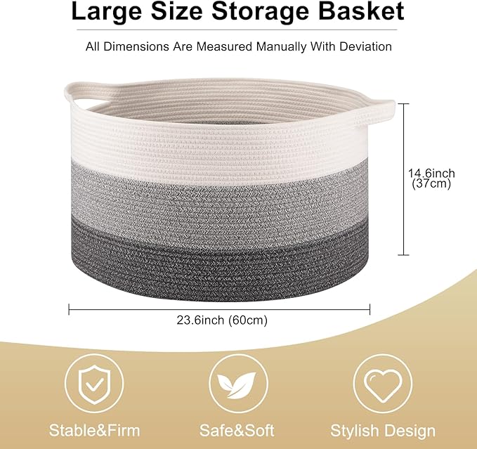 OIAHOMY Extra Large Storage Basket, 24" x 15" Woven Blanket Storage for Living Room, Round Laundry Basket for Pillow - Gradient Grey