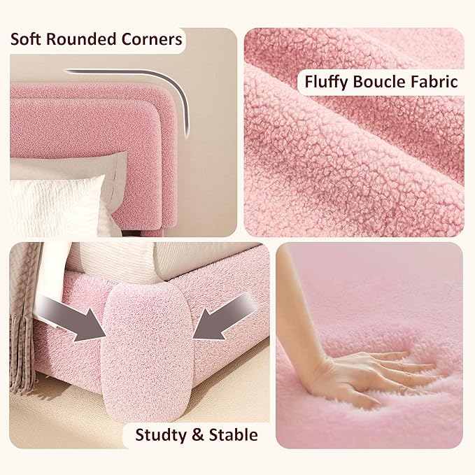 Twin Boucle Platform Bed Frame with Height Adjustable Headboard, Modern Upholstered Cloud Bed, Sleek Curved Design, No Box Spring Needed, Easy Assembly, Noise Free, Pink