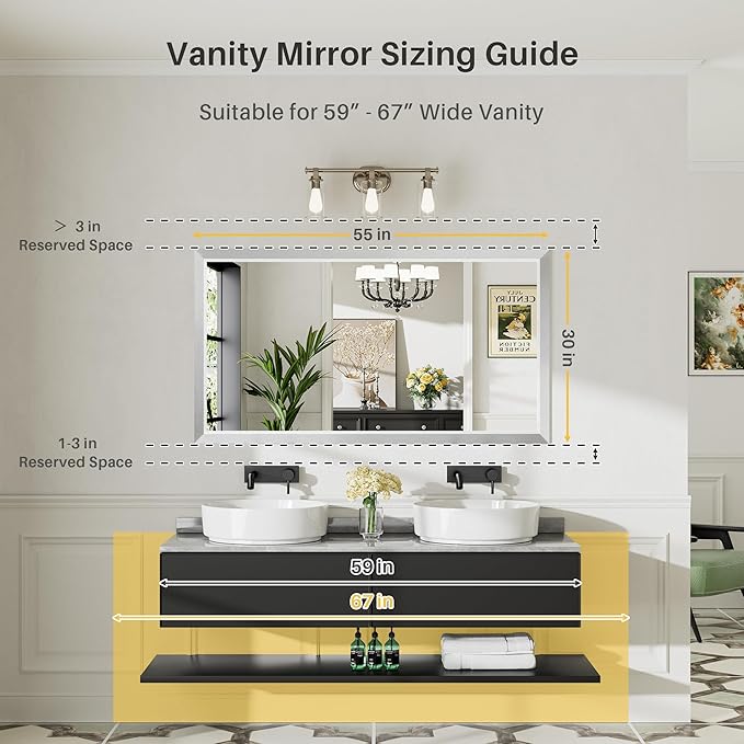 55x30 Inch Silver Bathroom Mirror for Wall, Thick Metal Framed Rectangle Mirrors for Over Sink, Bedroom, Living Room, Entryway, Anti-Rust, HD Tempered Glass