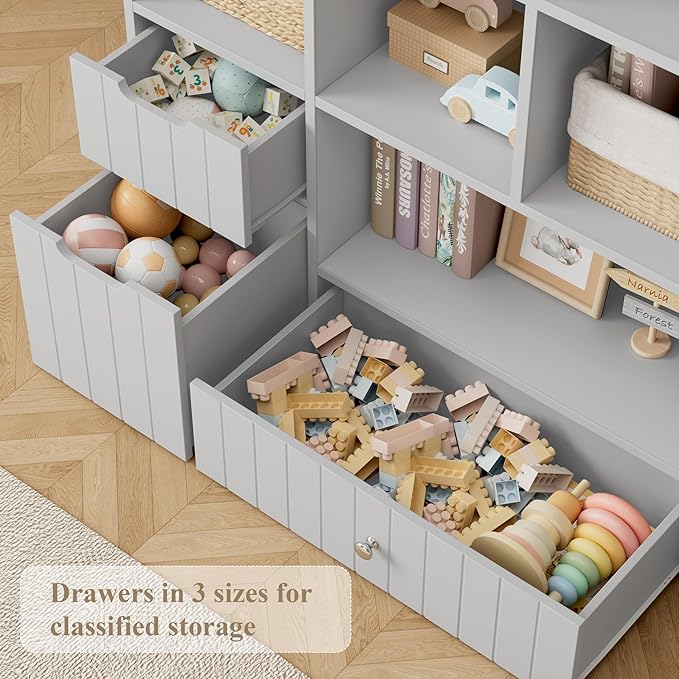 HORSTORS 48" W Kids Toy Storage Organizer, Large Toy Storage Chest with Removable Bins, 46" H Kids Bookshelf and Bookcase with Drawers for Boys and Girls, Modern Toy Box for Playroom, Classroom, Grey