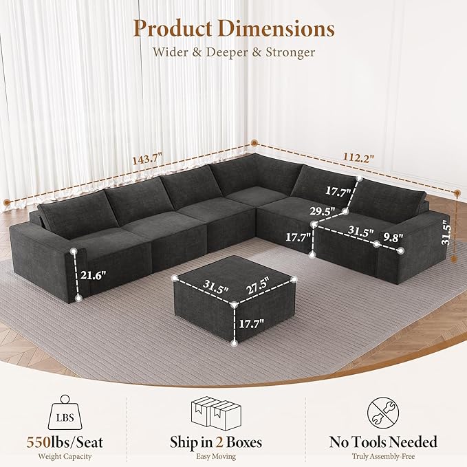 Vesgantti 143.7" Oversized Boneless Sectional Couch, Modern 6 Seater Modular Sofa with Ottoman & Deep Seat, Convertible Chenille Cloud Couches for Living Room, No Assembly Required, Dark Grey