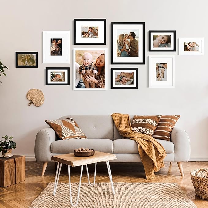 KINLINK 8x10 Picture Frame Black, Solid Wood Frames with Acrylic Plexiglass for Pictures 4x6/5x7 with Mat or 8x10 without Mat, Tabletop and Wall Display Photo Frame, Set of 4