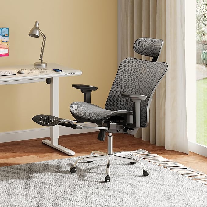 DEVAISE Ergonomic Mesh Office Desk Chair, Retractable Footrest and Adjustable Lumbar Support, Comfy High Back Reclining Computer Gaming Chair, Tilt Function, Heavy Duty, SGS Class 4 Gas Lift, Grey