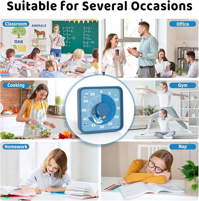 Secura 7.5-Inch Animal Pattern Visual Timer for Kids, 60-Minute Countdown Timer for Classroom or Kitchen, Durable Mechanical Timer Clock with Magnetic Backing (Blue)