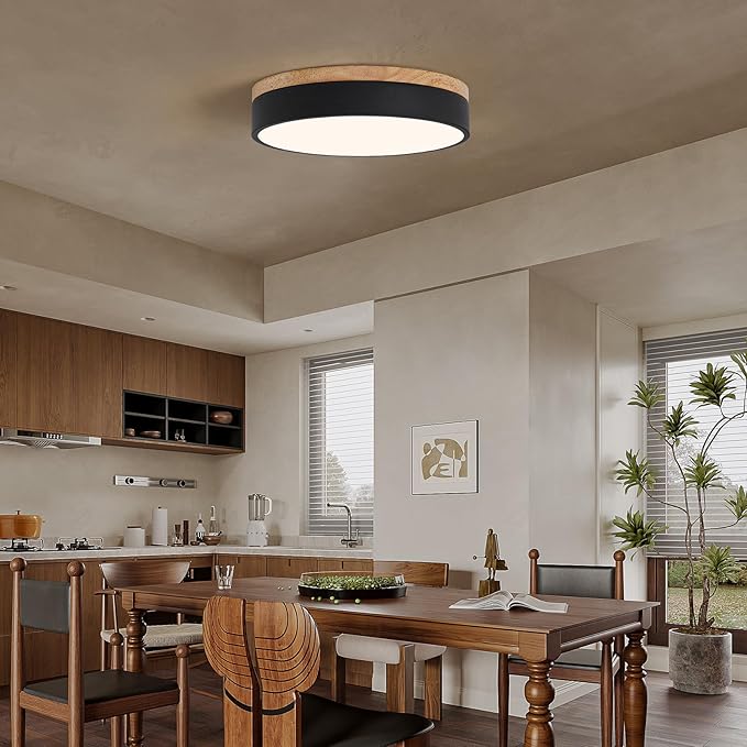 Led Flush Mount Ceiling Light: 11.8" Dimmable 5CCT Overhead Ceiling Lighting Fixture - Morden Black Round Close to Ceil Lights - Flat Wood Minimalist Light Fixtures for Living Room Laundry Bedroom