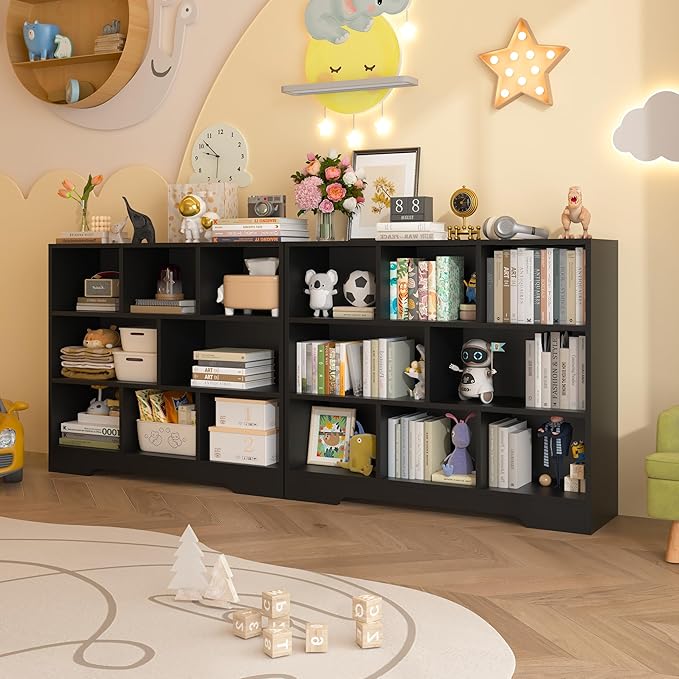 Book Shelf for Kids, 8 Cubes Storage Organizer Montessori Shelf, 3-Tier Wooden Kids Bookcase, Toy Storage Organizer for Children, Black Toddler Bookshelf Cube Shelf for Kid’s Room, Classroom