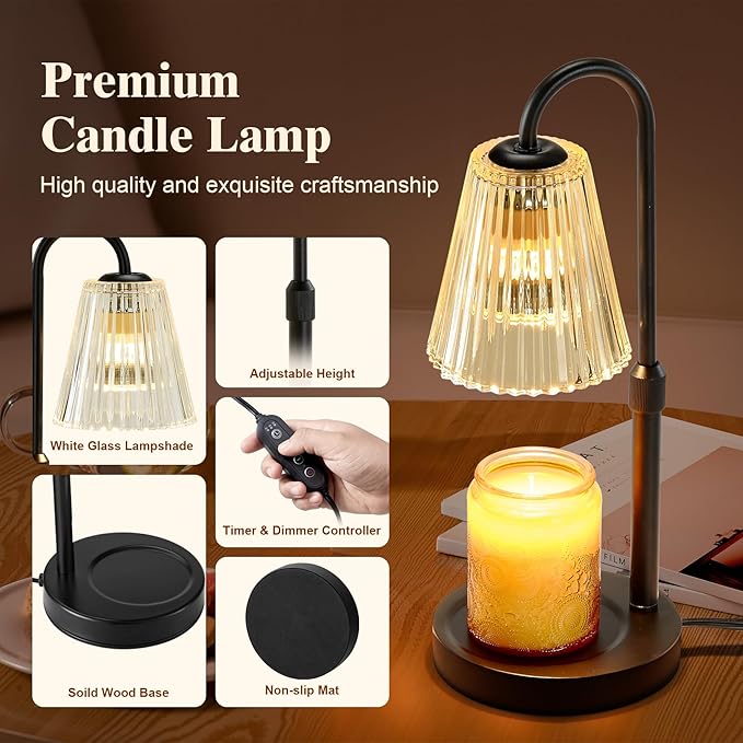 Briever Electric Candle Warmer Lamp with Timer Dimmer, Adjustable Height Wax Melter Warmer for Jar Candles, House Warming Gifts for New Home Decor, Birthday Gifts for Women, Black Wooden Base