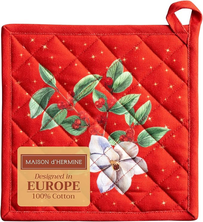 Maison d' Hermine Pot Holders 100% Cotton Heat Resistant Potholders 8" x 8" Hot Pads with Loop for Thanksgiving Christmas Decorations BBQ Cooking Baking Handling Hot Pans (Pack of 1, Noel)