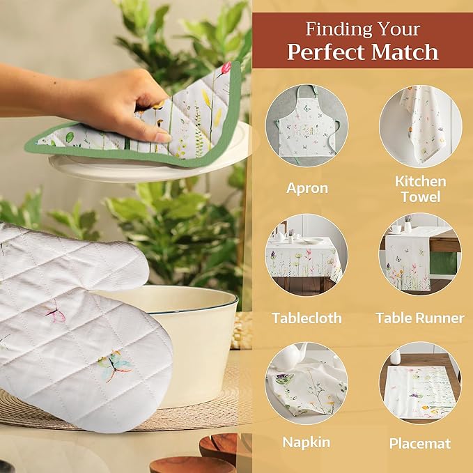 Maison d' Hermine 100% Cotton Oven Mitt & Pot Holder Set (7.5"x13" & 8"x8") Heat Resistant BBQ Cooking Gloves with Loop, Baking, Grilling, Kitchen, Handling Hot Pans Spring/Summer (Botanical Fresh)