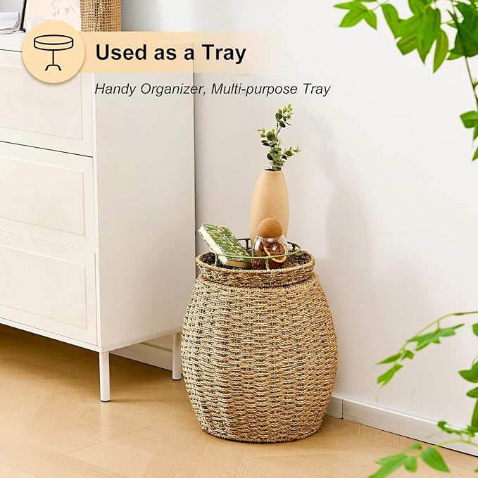 Round Wicker Basket with Lid, Handwoven Seagrass Storage Basket, Blanket Organizer Basket for Laundry, Bathroom, Bedroom, Living Room, Office