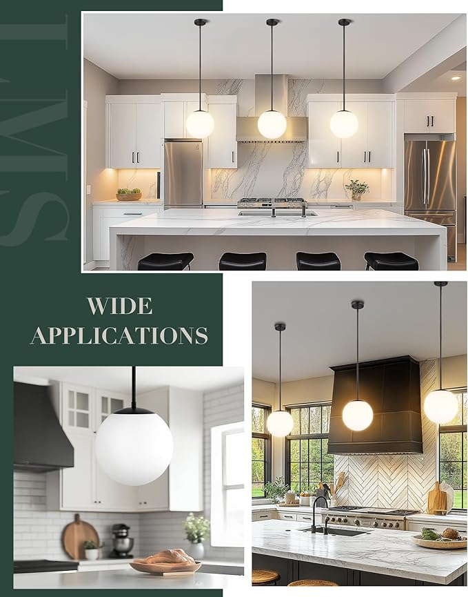 LMS 10 Inch Globe Pendant Lights, Matte Black Mid Century Kitchen Island Light Fixtures with White Globe Glass Shade, Adjustable Hanging Rod, Bar Kitchen Bedroom, LMS-186PL-BKW-10