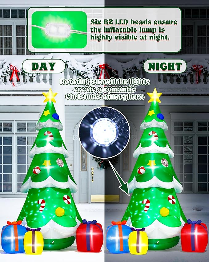 12FT Christmas Tree Inflatables, Giant Blow Up Christmas Tree with Boxes, Lighted Up Xmas Inflatables with Rotating Snowflake Lights for Xmas