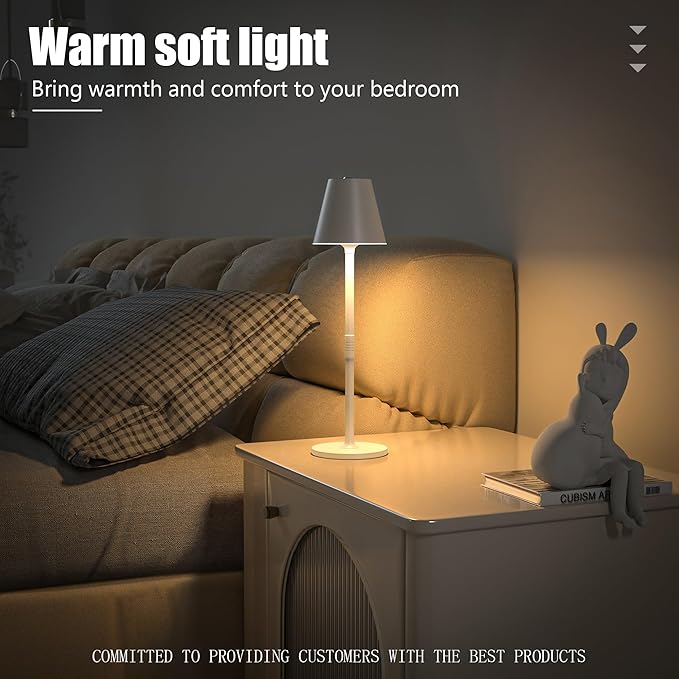 2 Pack LED CordlessTable Lamp,4000mAh Rechargeable Battery Desk lamp,3 Level Brightness Portable Light, Minimalist Design, for Couple Dinner/Coffee Table/Restaurant/Bedroom(White 2pack)