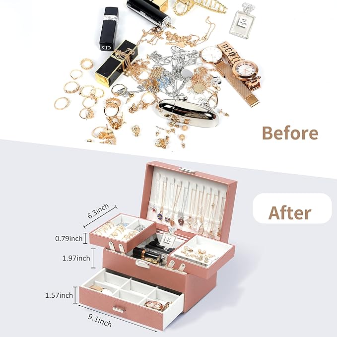 Dajasan Jewelry Organizer Box, Jewelry Box Organizer for Women Girls, 3 Layers Large Jewelry Storage Case for Earring, Rings, Necklaces Bracelets, Watch (Rose Gold)