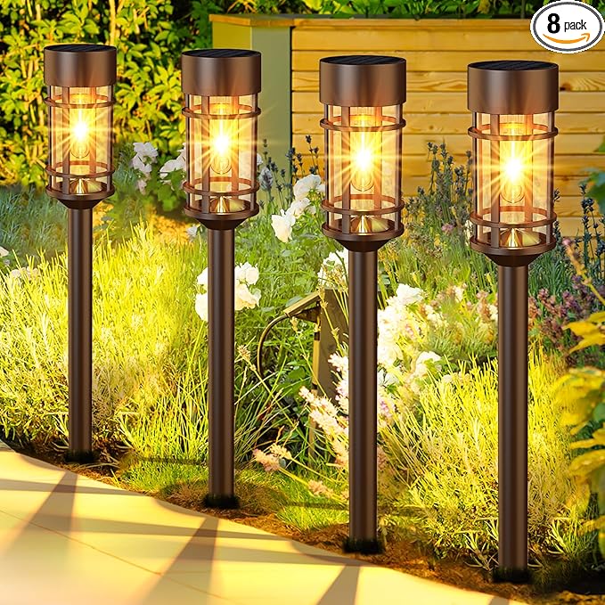 Solar Pathway Lights Outdoor Solar Lights 8 Pack Metal & Glass Design - Waterproof Auto On/Off Bright Long-Lasting Garden Landscape Lighting Walkway Driveway