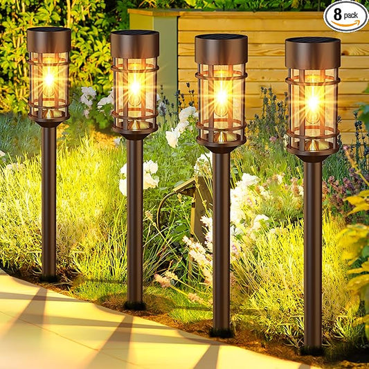 Solar Pathway Lights Outdoor Solar Lights 8 Pack Metal & Glass Design - Waterproof Auto On/Off Bright Long-Lasting Garden Landscape Lighting Walkway Driveway