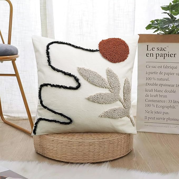 Merrycolor Abstract Boho Pillow Covers Tufted Mid Century Modern Throw Pillows Minimalism Aesthetic Textured Pillow Cover Sun Leaf Boho Pillows Decorative Throw Pillows for Bed Couch Sofa,18x18