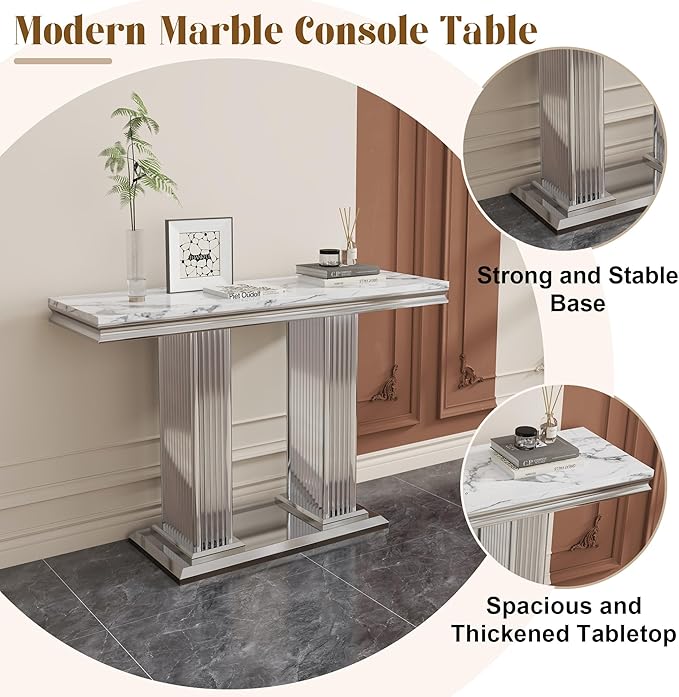 47" Marble Console Table, Modern Entryway Table with Pillar Stainless Steel Base, Rectangle Faux Marble Sofa Table for Living Room, Hallway, Foyer, White Silver