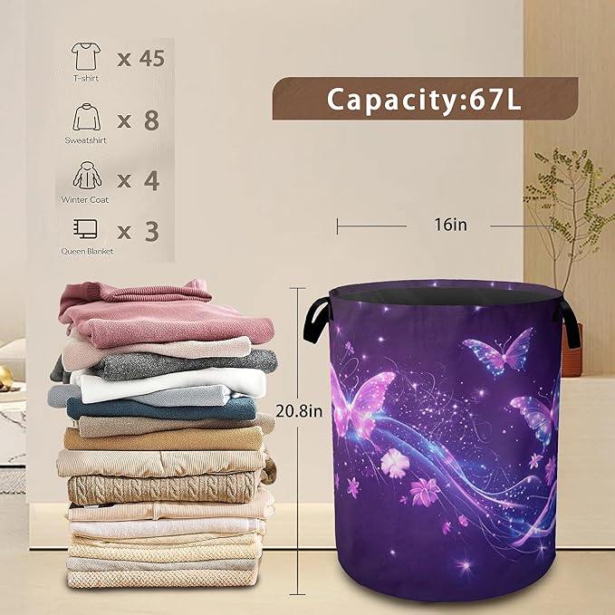 Laundry Hamper,Flying Butterflies Laundry Basket,Glowing Stars Waterproof Oxford Cloth Storage Basket with Handle for Clothes Books Nursery Home Storage Sundries 16"x20"