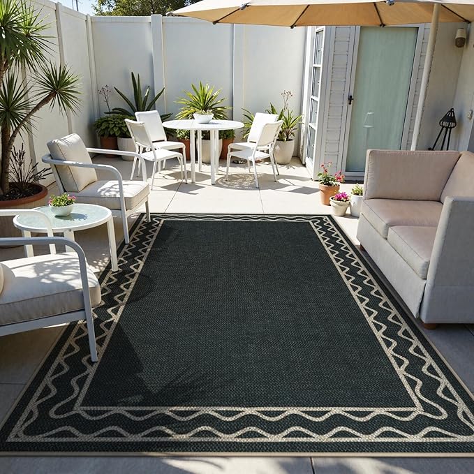 OJIA Easy Jute Washable Rugs 8x10, Large Outdoor Patio Rug Washable Living Room Rug Farmhouse Indoor Outdoor Carpet Wavy Border Modern Non-Slip Black Rugs for Bedroom Backyard Deck Decor