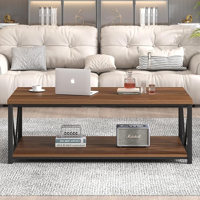 FOLUBAN Modern Coffee Table, Wood and Metal Center Table with Storage, Industrial Cocktail Table for Living Room, Rustic Walnut, 47 Inch