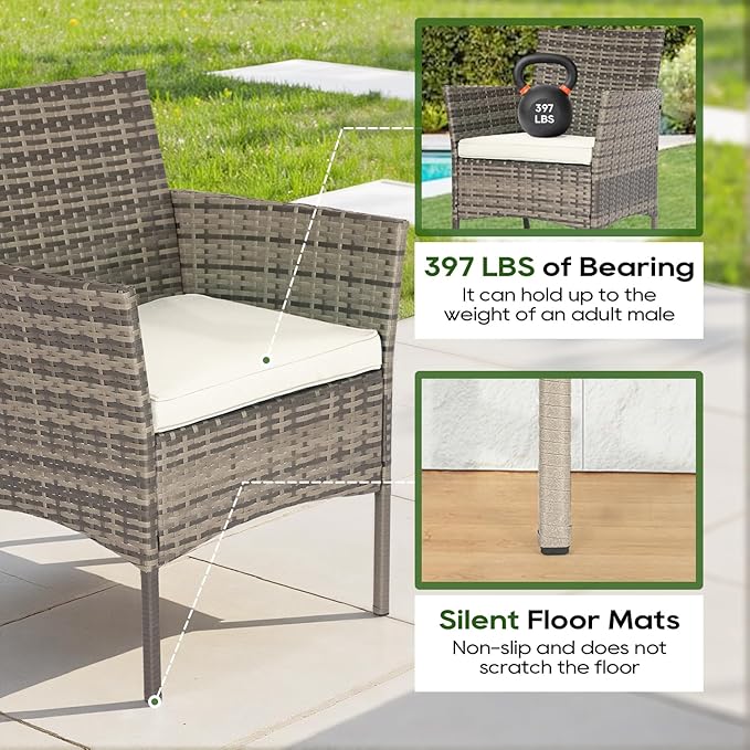 FDW | 3-Piece Patio Furniture Set | Gray & Khaki | Outdoor Wicker Furniture with Coffee Table | Modern Rattan Chairs Conversation Set | Outdoor Seating | Weather-Resistant | for Porch, Garden, Lawn