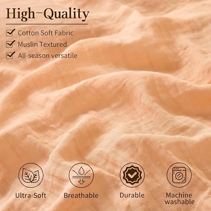 MEISHANG Muslin Duvet Cover Queen Size - 100% Organic Cotton, Soft Textured Gauze Weave Comforter Cover for Breathable All-Season with Zipper Closure - 3 Piece Set (Queen, Cameo Rose)