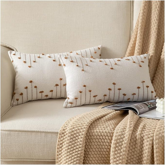 Caflife Boho Throw Pillow Covers 12x20 Set of 2 Decorative Pillows for Bed, Neutral Pillow Covers Beige with Brown Line Throw Pillows for Modern Farmhouse Couch Sofa Living Room Outdoor