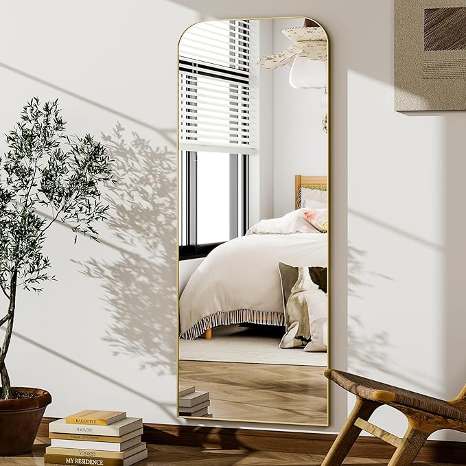 HARRITPURE 57"x20" Full Length Mirror Full Body Mirror Top Rounded Corner Aluminum Frame Hanging or Leaning Wall Floor Mirror with Stand for Living Room Bedroom Cloakroom,Gold