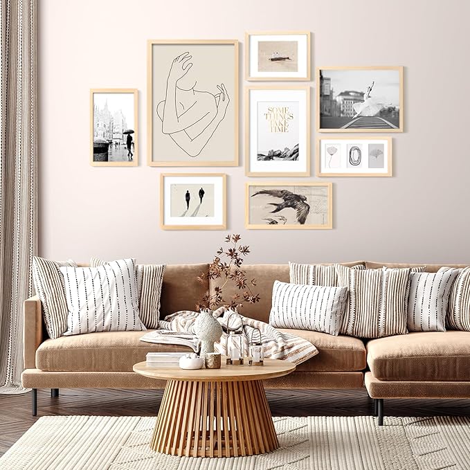 KINLINK 12x16 Picture Frame Natural, Solid Wood Frames with Acrylic Plexiglass for Pictures 11x14/9x12 with Mat or 12x16 without Mat,Wall Display Photo Frame Set of 4