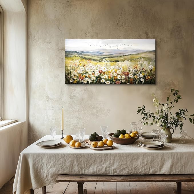 SERIMINO Mountain Floral Landscape Wall Art, Daisy Wildflower Large Canvas Painting, Hill Sunrise Scenery Wall Pictures, Modern Country Aesthetic Wall Decor Living Room Bedroom Art Prints 24X48 Inch