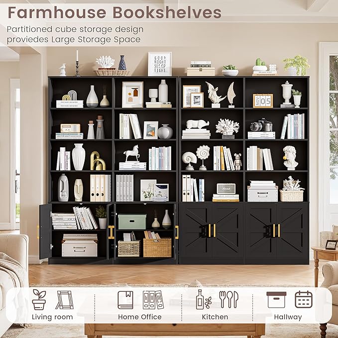 Farmhouse Bookshelves and Bookcases with 4 Doors, 6 Tier Large Book Shelf with Storage Cabinets, Standing Display Storage Shelves, 71” Tall Book Case for Living Room, Home Office, Black