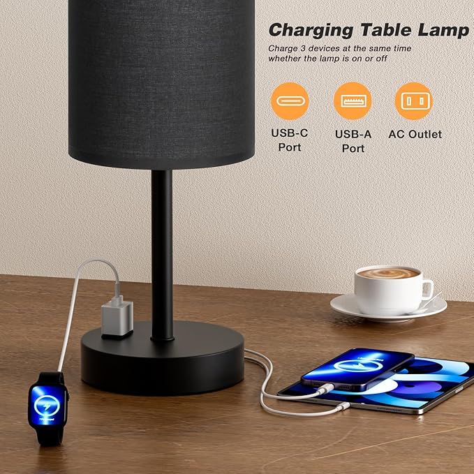 Touch Nightstand Lamp - Black, 3-Way Dimmable, USB A + C Charging, AC Outlet, 17.4inch Medium