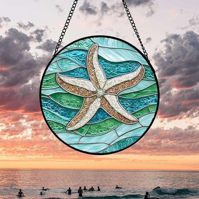 Stained Glass Window Hanging 4 Pcs Set Cyan Ocean Life Theme 9.8" - Sea Starfish Suncatcher Door Garden Sun Catcher Decor Birthday for Mom Woman Nana Men Friend