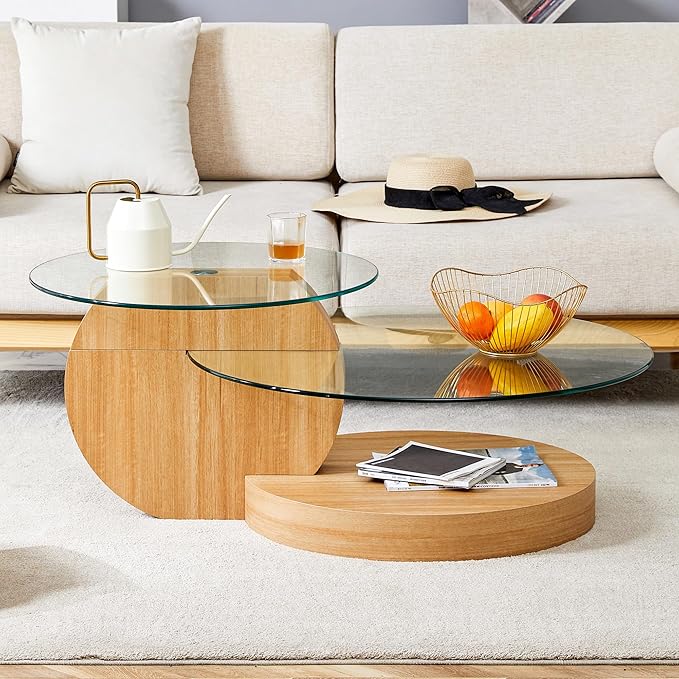 Coffee Tables for Living Room - Round Glass Coffee Table with Wooden Base Mid-Century Modern End Table 3-Tier Round Coffee Table for Living Room, Office, Balcony (42″ Oak)