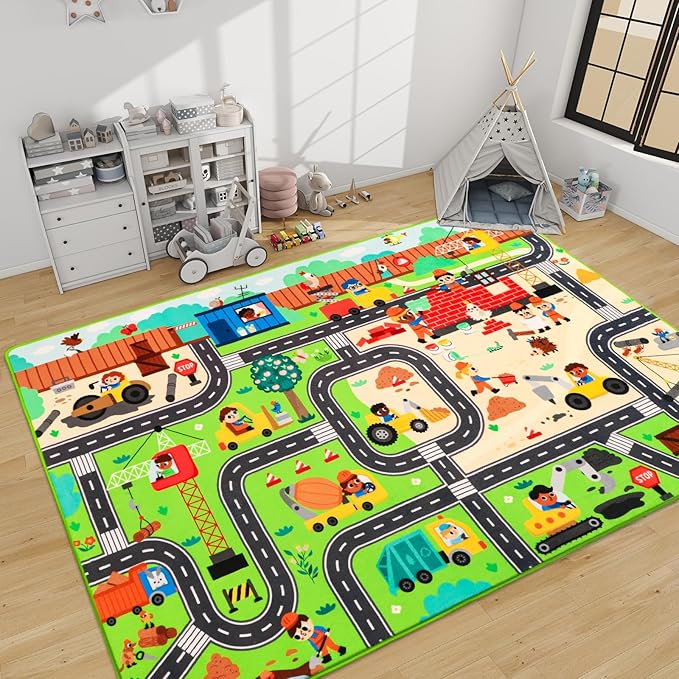 Kids Rug Play Mat for Toy Cars, 78.7"×59" Construction Site Road Traffic for Playroom Kids City Engineering Car Road Play Mat Non-Slip Washable Carpet Toddlers Boys Room Family Playtime