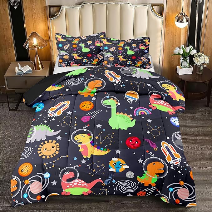 Cartoon Dinosaur Comforter Set - Boys Full Size Dinosaur Bedding Set for Bedroom Dinosaurs Quilt with 2 Pillowcases for Kids Girls Boys Room Decor, 3 Pieces