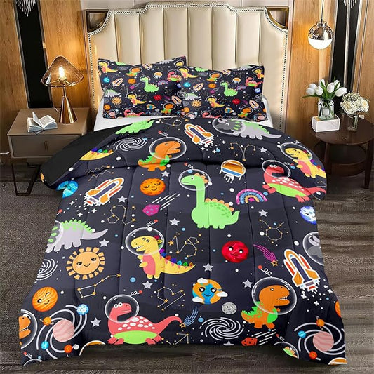Cartoon Dinosaur Comforter Set - Boys Full Size Dinosaur Bedding Set for Bedroom Dinosaurs Quilt with 2 Pillowcases for Kids Girls Boys Room Decor, 3 Pieces