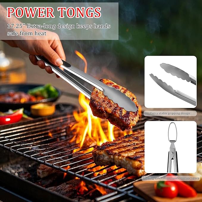 15-Piece Grill Set, BBQ Grilling Accessories with Tongs & Spatula, Stainless Steel Grill Utensils Set with Hooks & Storage Apron for Outdoor Cooking, Camping, Practical Gifts for Men Dad