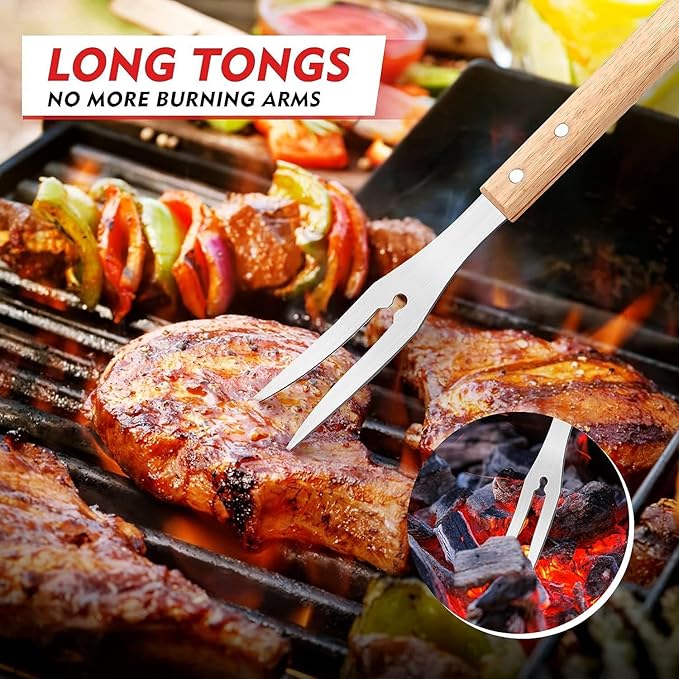 Heavy-Duty Grill Accessories BBQ Tool Sets Multi Functional Spatula with Knife Edge, Fork,Tongs, Bottle Opener Ash Wood Handle & Thick Stainless Steel Essential Accessories for Barbecue & Grill