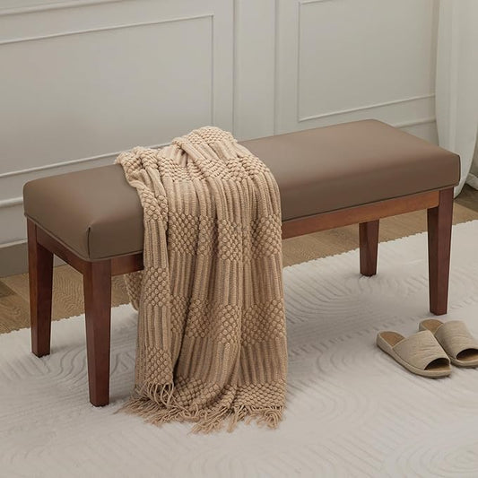 43.5'' Faux Leather Bedroom Bench, Upholstered End of Bed Bench, Padded Vintage Dining Bench, Entryway Bench with Solid Wood Legs, Kitchen, Living Room, Hallway, Brown