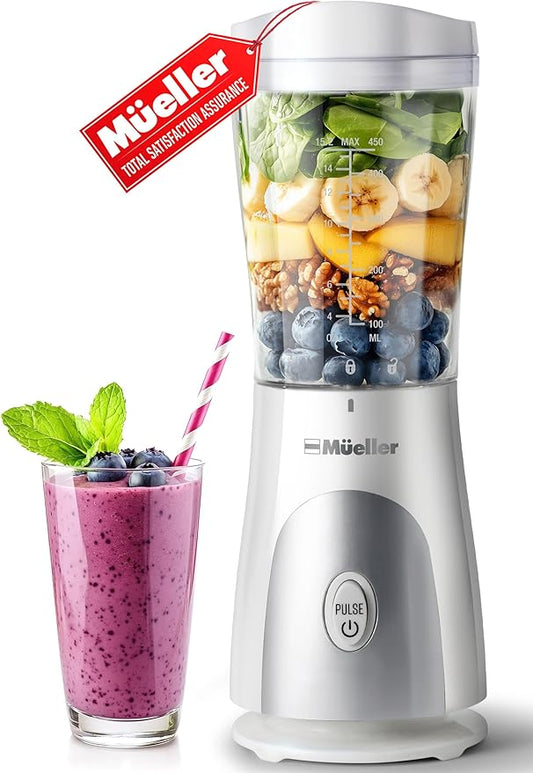 Mueller Smoothie Blender for Smoothies - Personal Blender for Shakes, Frozen Drinks, Baby Food & More, 15oz Travel Cup and Lid, Durable Stainless Steel Blades for Powerful Blending Performance, White