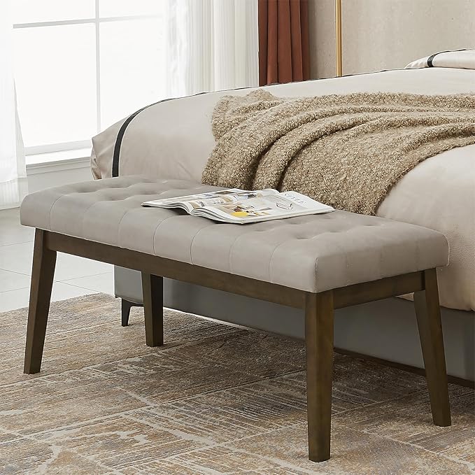 End of Bed Bedroom Bench, Linen Upholstered Tufted Bench for Bedroom End of Bed with Solid Wood Legs for Bedroom Living Room Entryway(Gray)
