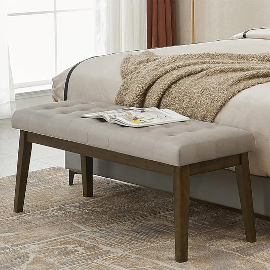 End of Bed Bedroom Bench, Linen Upholstered Tufted Bench for Bedroom End of Bed with Solid Wood Legs for Bedroom Living Room Entryway(Gray)