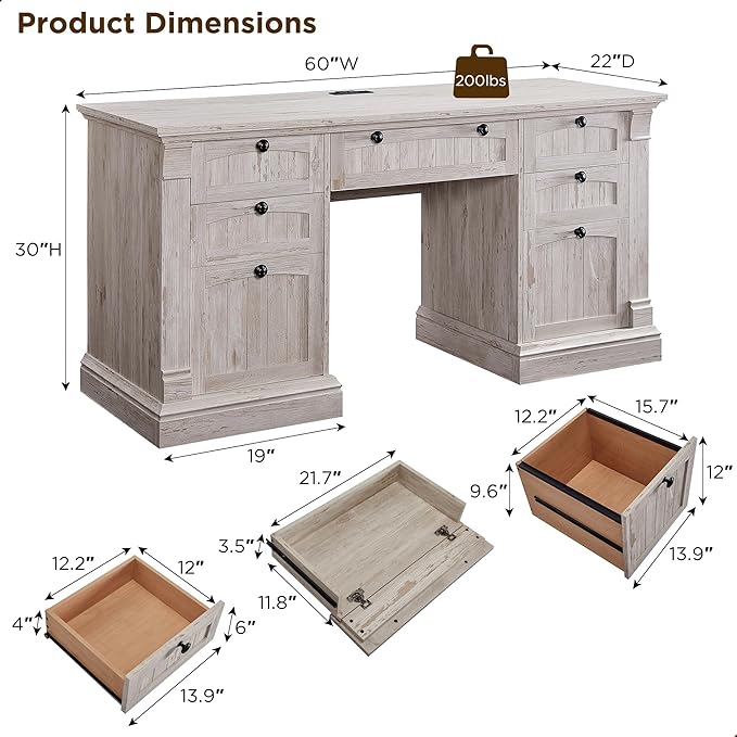 OKD 60" Executive Desk with Drawers, Farmhouse Home Office Desk with Charging Station, Keyboard Tray, File Cabinet Storage, Wood Computer Desk for Work and Study, Antique Brushed White