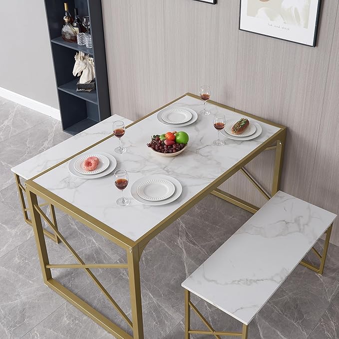 VECELO Kitchen Table with 2 Benches for 4-6,Wood Dining Room Dinette Sets with Metal Frame for Breakfast Nook and Small Space