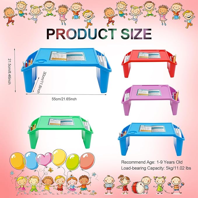 Set of 4 Kids Lap Desk Tray, Portable Activity Table, Plastic, Stackable for Drawing, Writing, Eating, Classroom, 21.65" L x 11.8" W x8.46 H, Multicolor