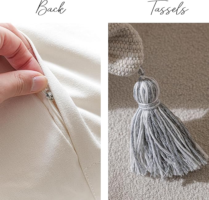 Gray Decorative Throw Pillow Cover 20x20 Square Boho Neutral White Accent Pillowcase Tassels Farmhouse Cushion for Couch Sofa Bedroom Living Room Home Décor (Cover ONLY, Pack of 1)