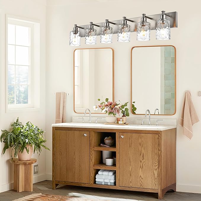 BONLICHT Vanity Light Fixture Brushed Nickel 6-Light Modern Farmhouse Wall Sconce Bathroom Lighting with Hammered Glass Industrial Wall Mount Lights for Kitchen Dining Room Cabinet Corridor